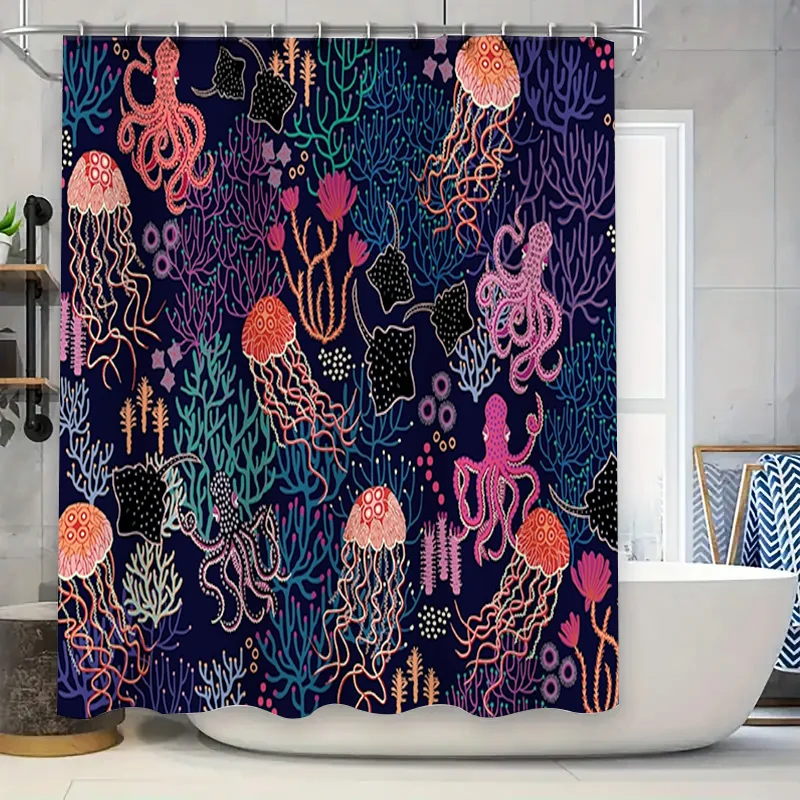 

Подводный мир, занавеска для ванны, осьминог, медуза, принт, занавеска для душа, тканевый декор для ванной комнаты, водонепроницаемые занавески для конфиденциальности, набор окон