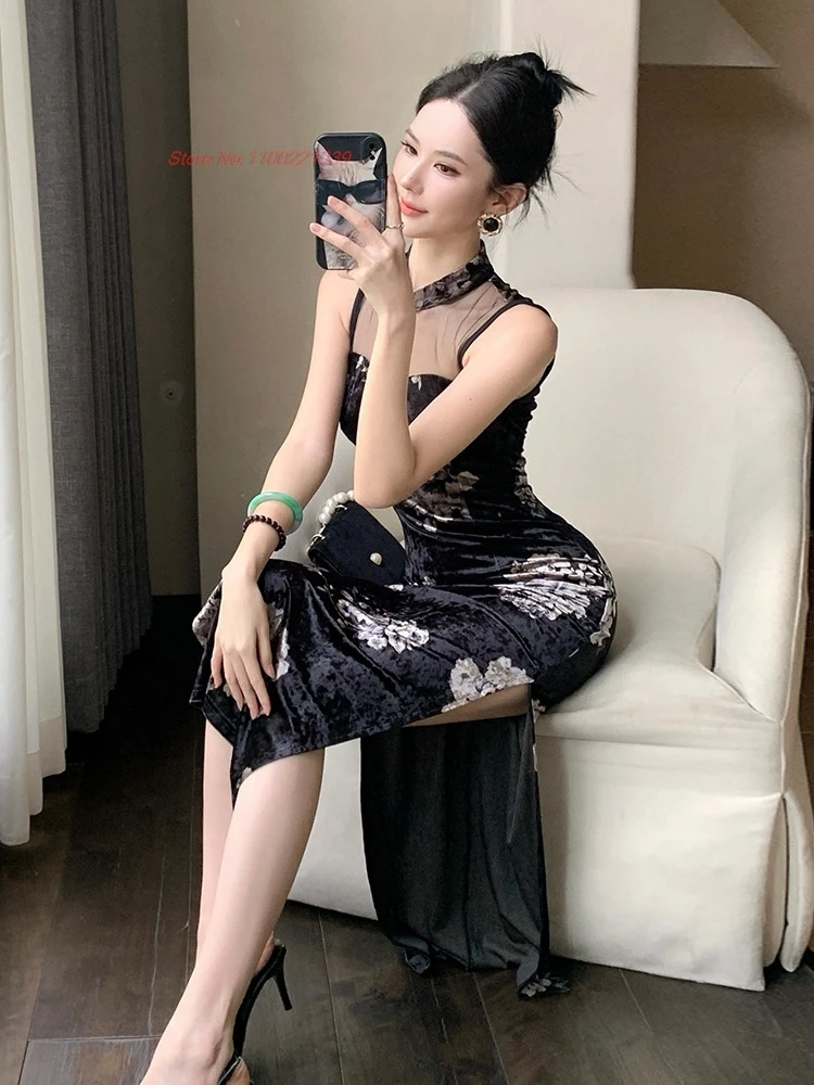 فستان صيني مثير لعام 2025 فستان سهرة مأدبة ملهى ليلي من تشيباو الوطني مطبوع عليه زهور بدون أكمام شبكي مخملي شيونغسام #3
