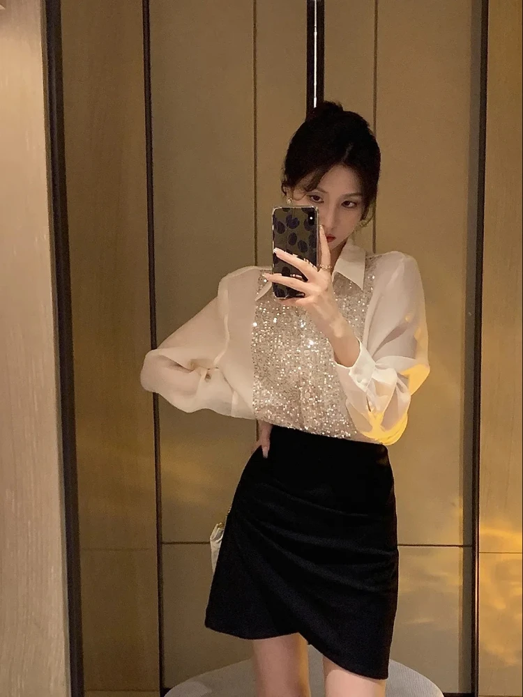 

Sequins Shirts & Blouses for Women Elegant and Youthful High Quality Full Long Sleeve Cute Youth Fashion 2025 White Woman Top