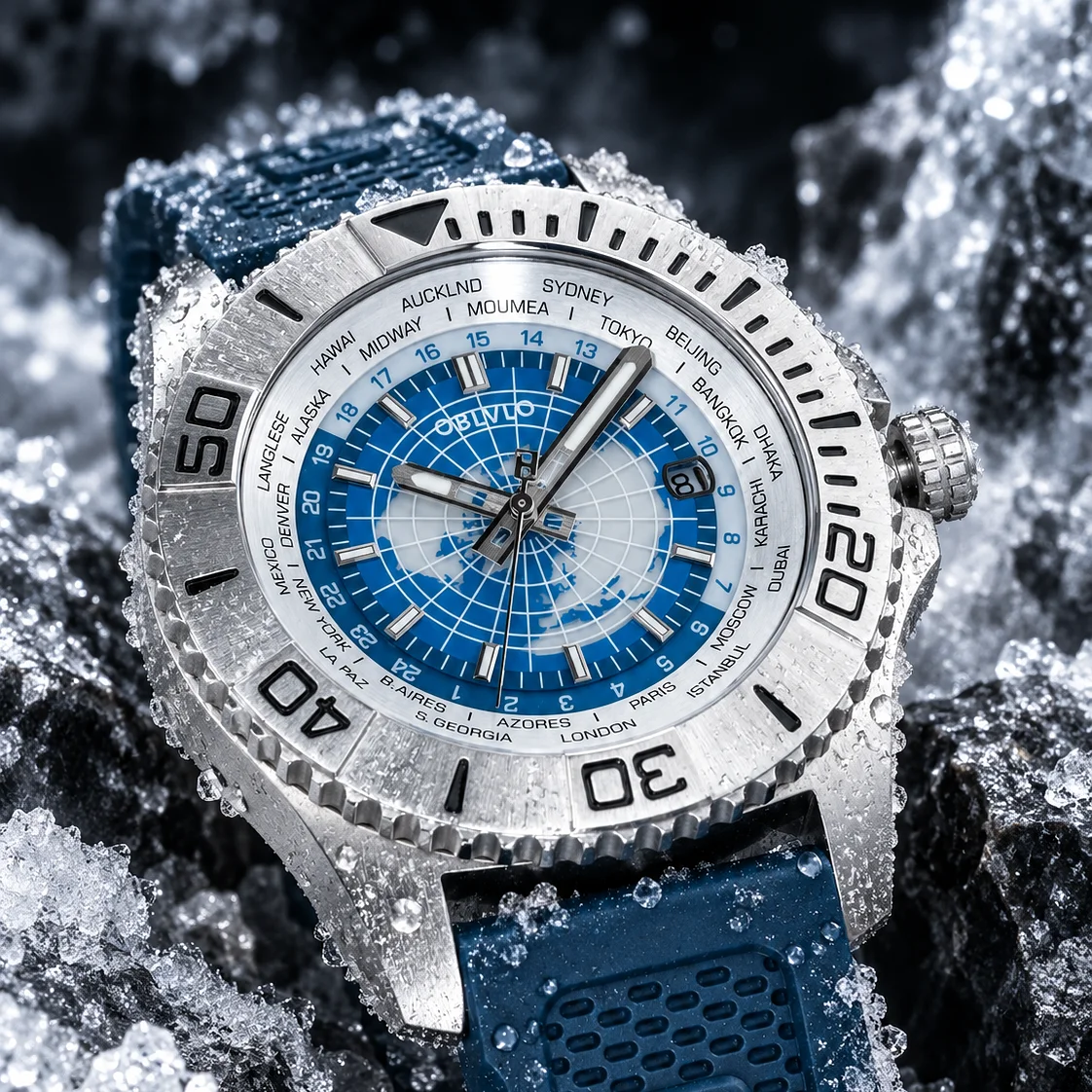OBLVLO Men's Automatic Mechanical Watch with Trendy Blue Earth Dial And Rubber Band World Time Feature for Gentlemen BM