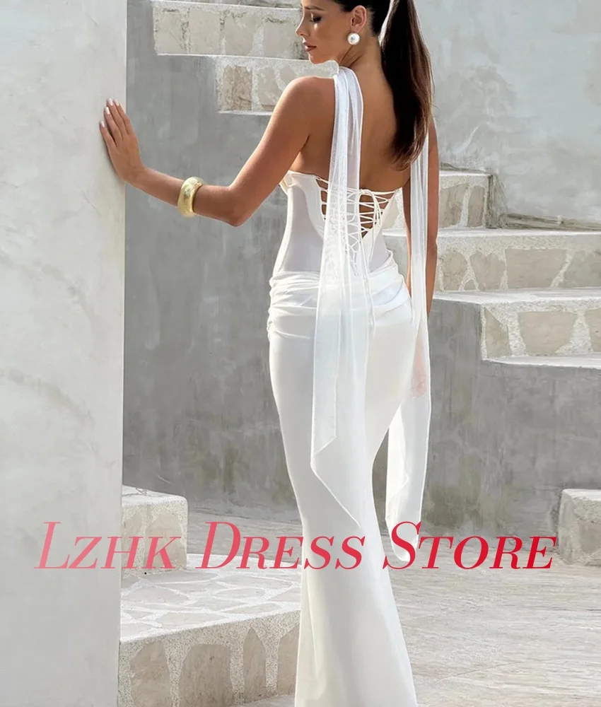 Vestido de noche personalizado con cintas de sirena, Jersey Sexy, temperamento, sin mangas, sin tirantes, largo hasta el suelo, vestidos para ocasiones especiales