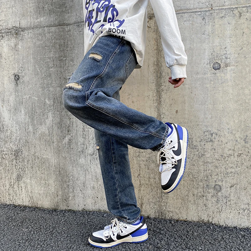 Mens Jeans Fashion High Street Handsome Spring Autumn Hole Solid Vitality American Style Teenagers Breathable Straight Hip-hop