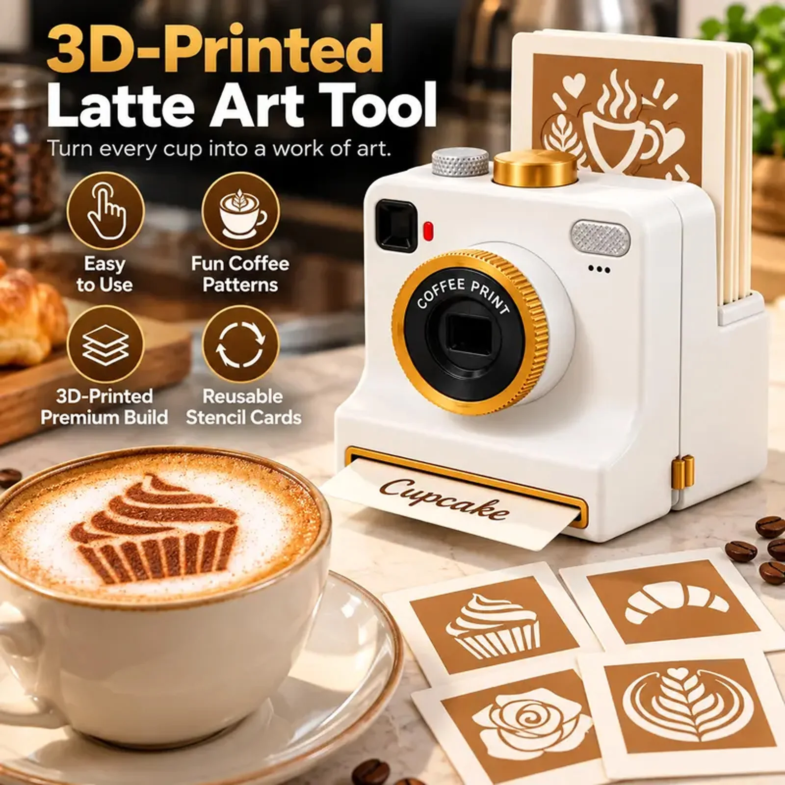 3D Printed Latte Art Camera White,Reusable Stencil Camera with 4 Cards, Built-In Storage,Push-Button Cafe Coffee Art Tool