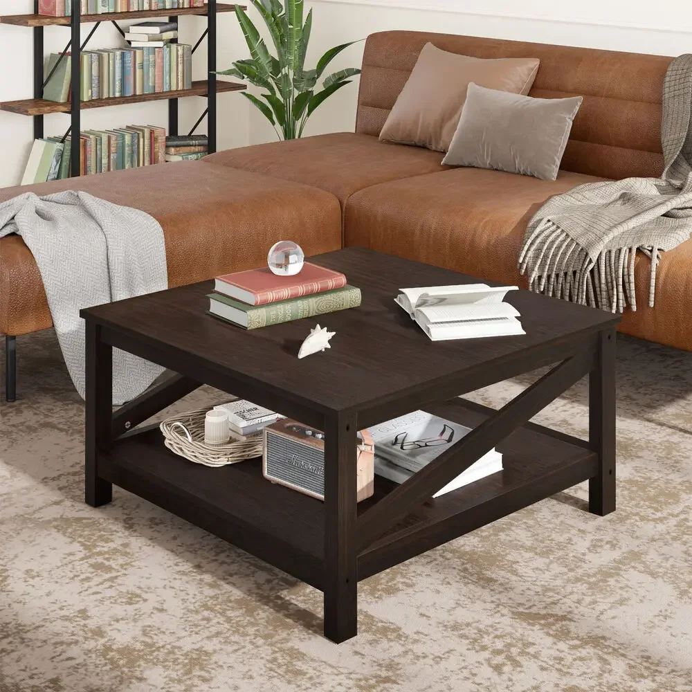 

31.5" Modern Square Wood Coffee Table With Open Storage Shelf For Living Room