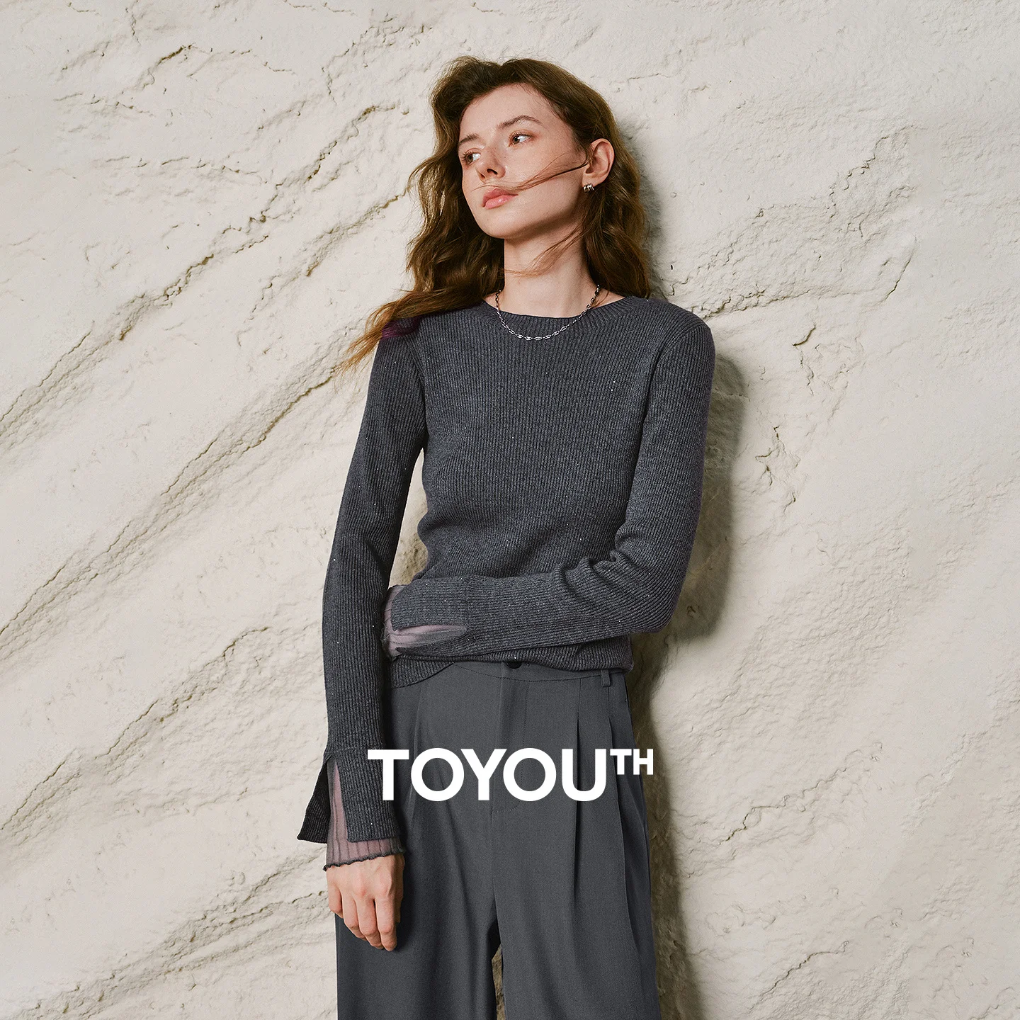 TOYOUTH Women Sweater 2026 Winter New Organza Spliced Cuff Wool Blend Sequin Yarn Slim Knit Tops
