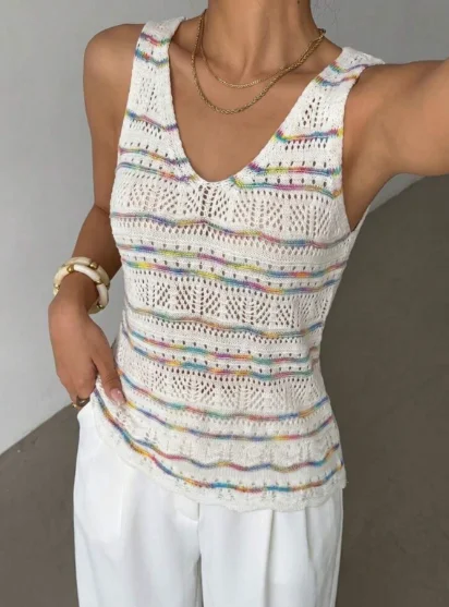 

Women's Hollow out Color Block V-Neck Pullover Breathable Knitted Vest Summer Lightweight Casual Top in Vibrant Stripes