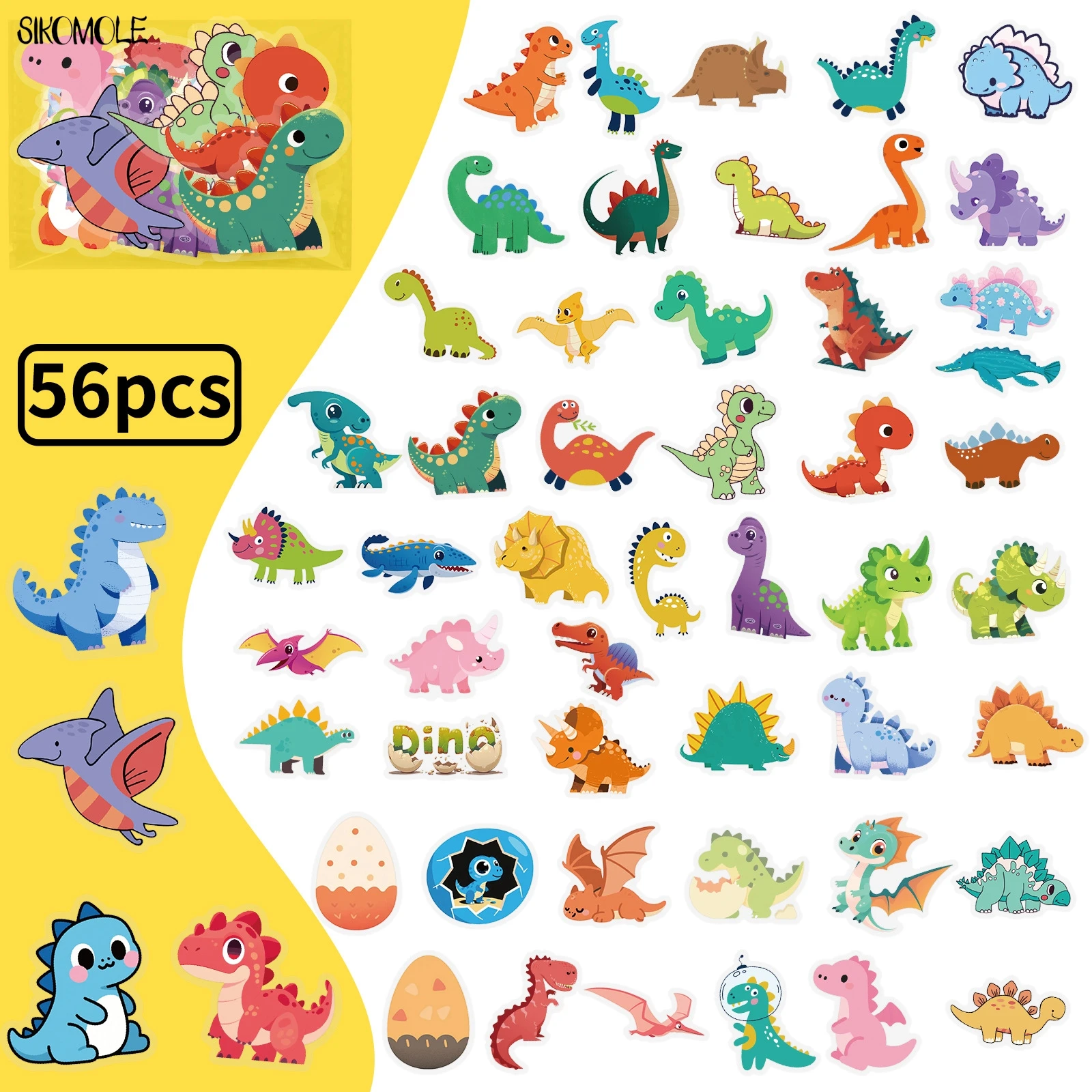 

56pcs Transparent Cartoon Dinosaur Stickers Pack Waterproof PET Bookkeeping Material Decorative Guitar Notebook Graffiti Sticker