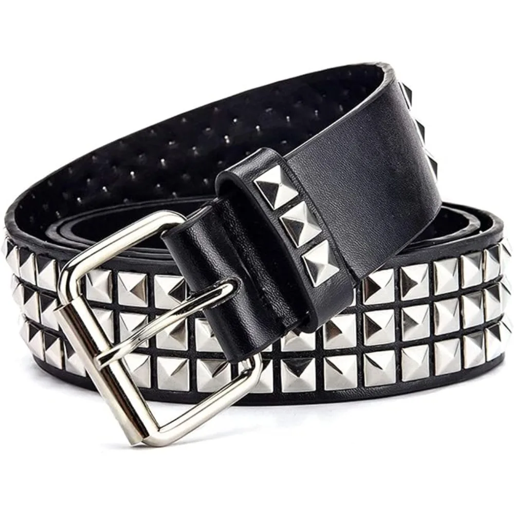 Black Studded Belt Punk Rock Rivet Belt Grommet Threads Belts with Bright Metal Pyramid for Women Men