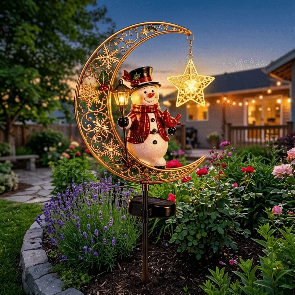 Waterproof Solar Christmas Crescent Garden Light Iron Metal Santa Claus Christmas Moon Solar Stake Light LED Glowing