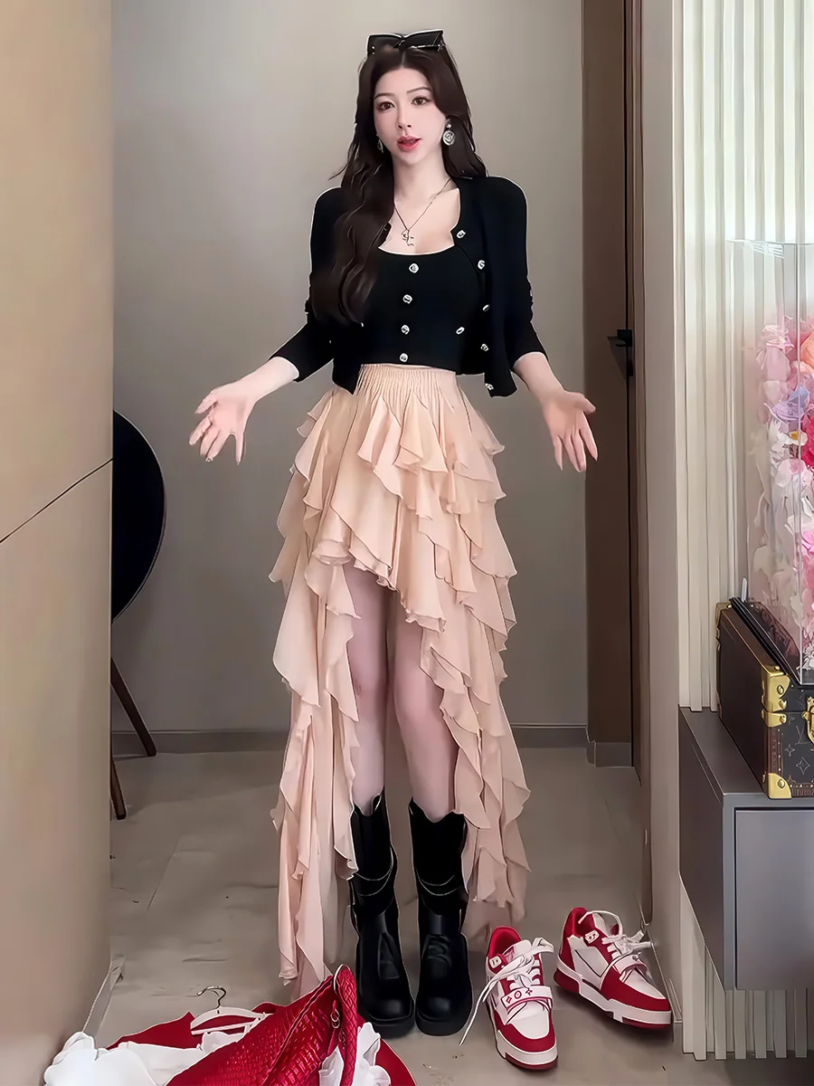 

Faionable Korean Sle Bla ort Knitted Open Cardigan And Tank Top Two-Piece Set Women's Clothing Autumn 2025 New Arrival