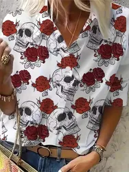 2024 Spring Autumn Fashion Print Skull Flower Shirt Women Long Sleeve Loose White Button Blouses And Tops Female