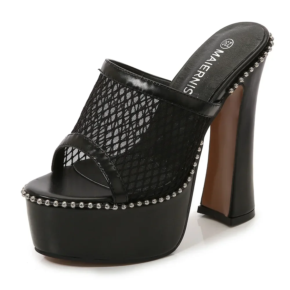 YBQJOO Women's Mesh Lace Sandals High Heels 4