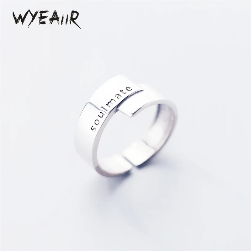 WYEAIIR 925 Sterling Silver Geometric Smooth Letters Soul Mate Fine Jewelry Luxury Resizable Opening Female Ring