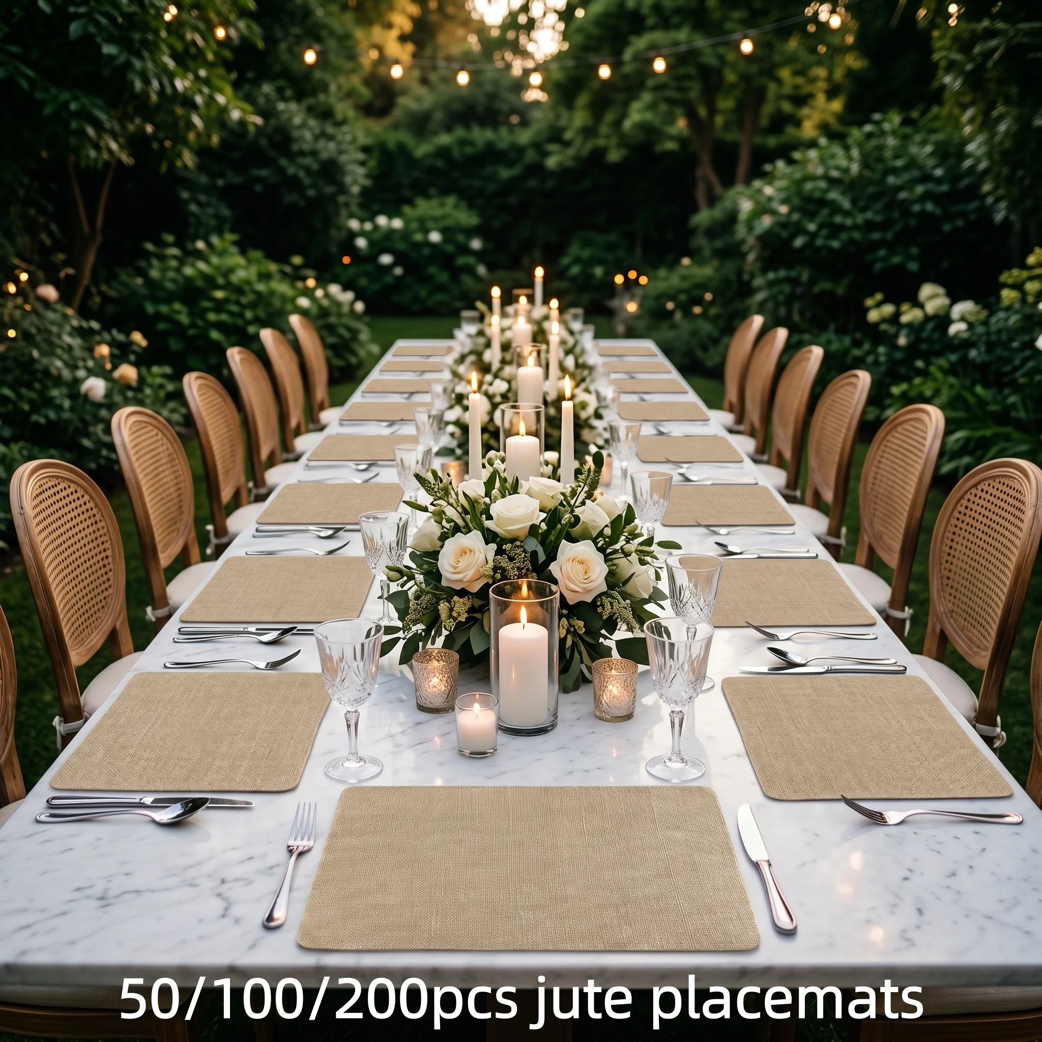 

50/100/200pcs Rounded rectangular jute placemats are non-slip and wear-resistant, suitable for parties and homestays