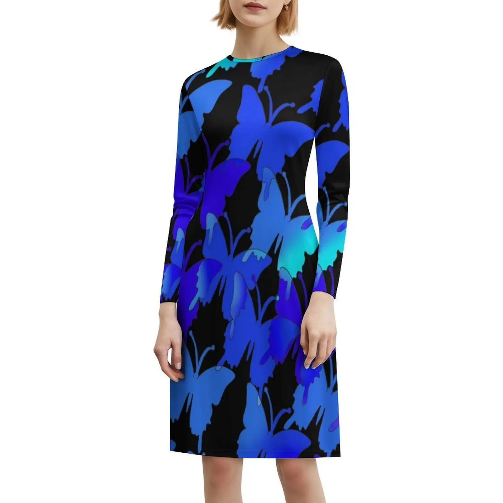 Butterflies Blue Lilac Black Sky Retro 80S And 70S Art Vintage Bohemian Dress Puff Sleeve Or Sleeveless Options For Women Dress