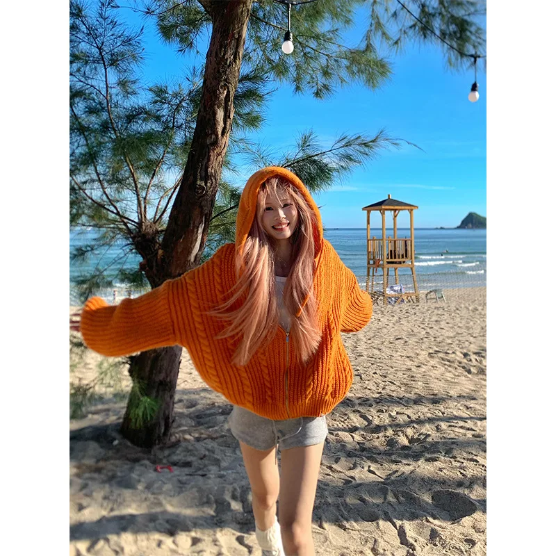 

American style Lazy Wind knit hooded sweater Women's Clothing Spring autumn Knitwears new model loose versatile Cardigan girl's