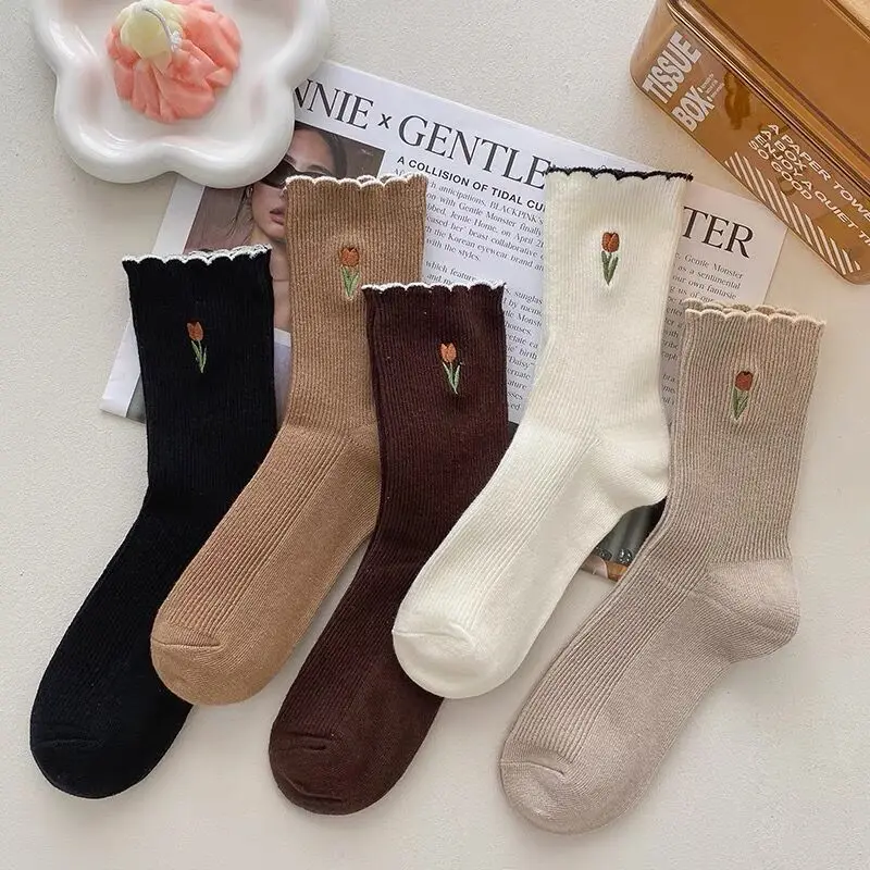 5 Paar Damen-Socken mit Blumenmuster, Frühling und Herbst, koreanischer Stil, atmungsaktiv, einfarbig, lässige Socken, Kokette-Socken