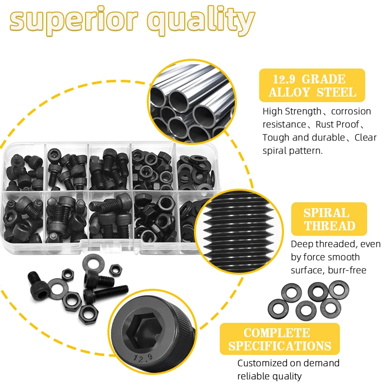 Black Metric Hex Cap Screws, Flat Washers, Nuts Combo Set M2.5 M3 M4 M5 12.9 Grade Alloy Steel for Automotive & Construction