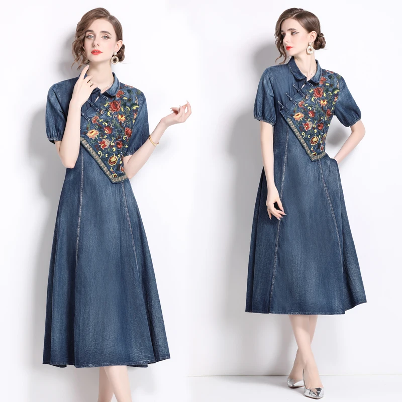 Summer Chinese Style Cheongsam Summer Denim Flower Embroidery Dress Vintage Women Laple Neck Short Sleeve Pockets Midi Clothes