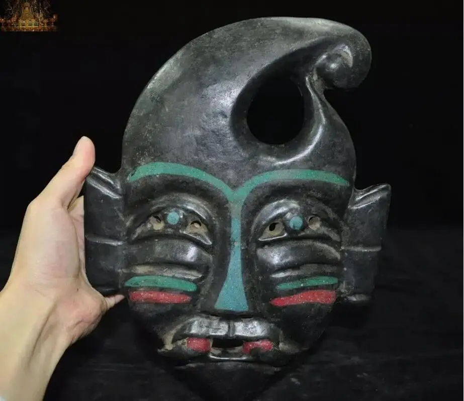 Rare Hongshan Culture Meteorite iron（Black magnet）Carved People Face Mask Statue