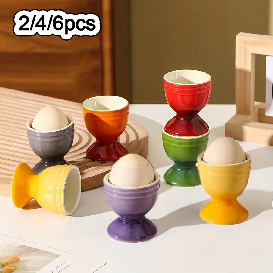 2/4/6pcs Ceramic Egg Cups, Porcelain Colorful Egg Cups, Stand Holder for Soft Boiled Eggs, Breakfast Cooking Kitchen Egg Serving