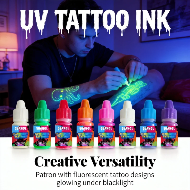

8 Colors 5ml Fluorescence Tattoo Ink Set with 30ml Tattoo Transfer Gel Kit Neon Fluorescent Pigment Party Festival Supplies