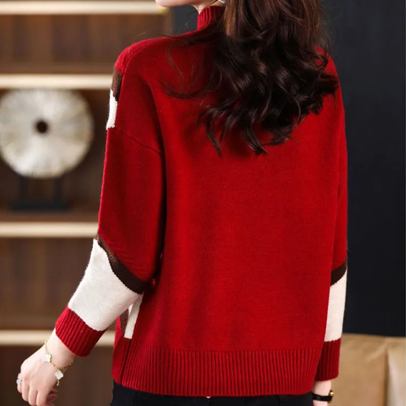 Korean Fashion Vintage Knitted Sweaters Autumn Winter Mock Neck Long Sleeve Panelled Pullovers Women Clothing Loose Casual Tops