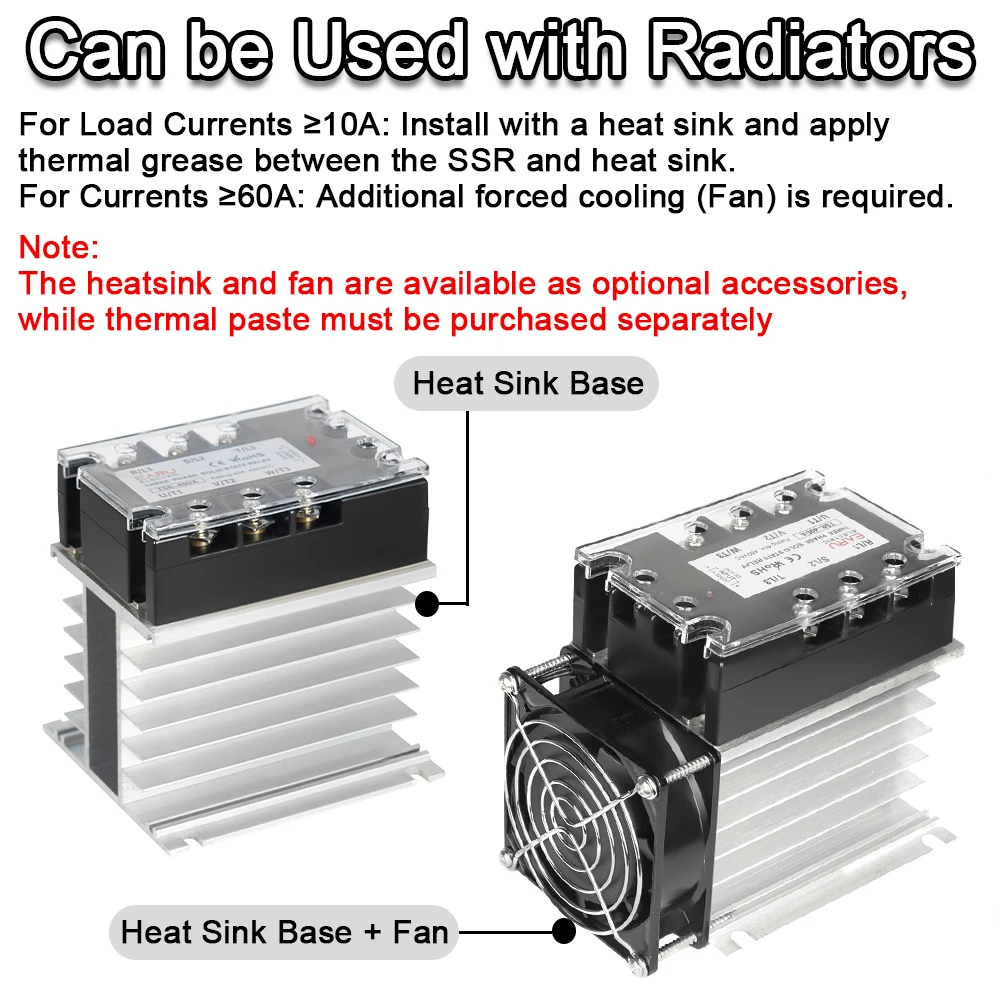 Three Phase DC Control AC Solid State Relay Module SSR 10A 25A 40A 60A 80A 100A 120A 150/200A SSR 5-32VDC to 24-480VAC Heat Sink