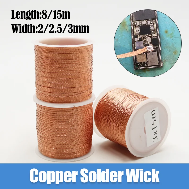 Length 8/15M Copper Mesh Wire Desoldering Braid Tape Tin Welding Solder Remover Flux PCB BGA Motherboard Soldering Repair Tool