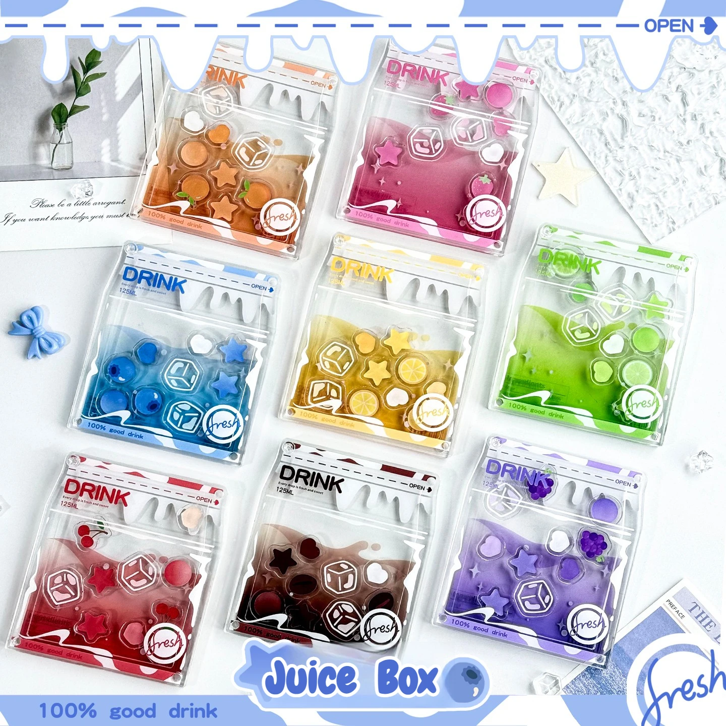 Cute Fruit Juice Box Shaker Acrylic Display Frame, Dual-Use Photocard & Badge Storage Stand, Kawaii Anime Desktop Collect Decor