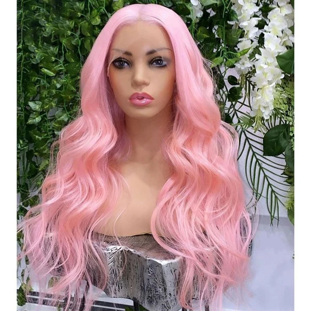 

MXWIG Pink Color Body Wave Synthetic Lace Front Wigs Heat Fiber Hair Long Wavy Synthetic Wig Lace Frontal Cosplay Daily Use Wig