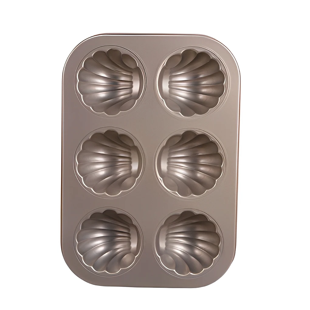 Non Stick Cake Baking Pan, Forma Shell, Aço Carbono, Pudim, Gadgets De Cozinha, Bandeja, Chocolate, Molde Cupcake, 6 Cavidade