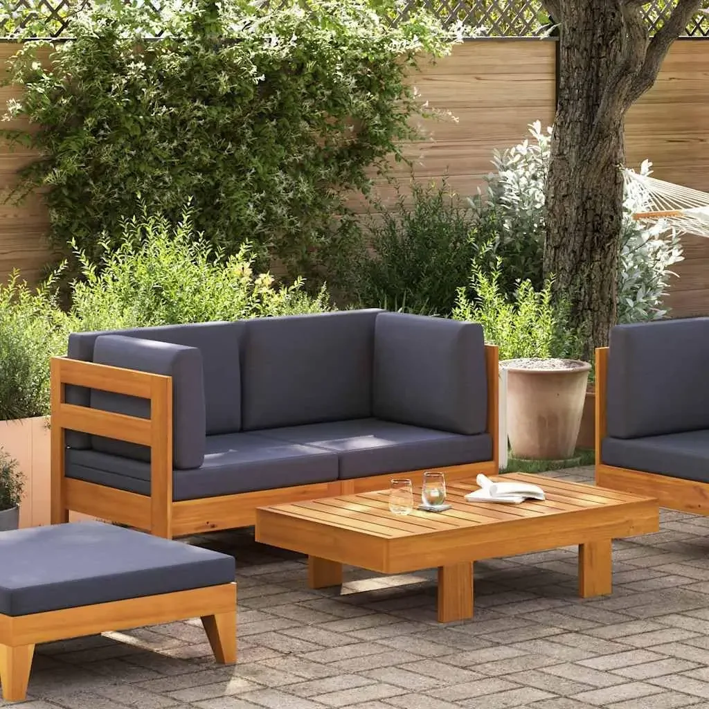 2 Piece Patio Lounge Set with Dark Gray Cushions, Solid Acacia Wood Outdoor Sofa and Coffee Table for Garden, Backyard, and Porc