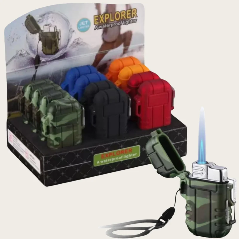 

Outdoor Waterproof Lighter with Lanyard Portable Blue Flame Jet Lighter Butane Turbo Cigar Lighter Camping Wading Men's Gadgets