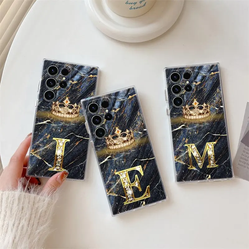 Początkowa litera E M I J L Etui na telefon Samsung Galaxy S24 S23 Ultra S22 S20 Plus S21 FE Clear Cover Fashion Marble Crown Fundas