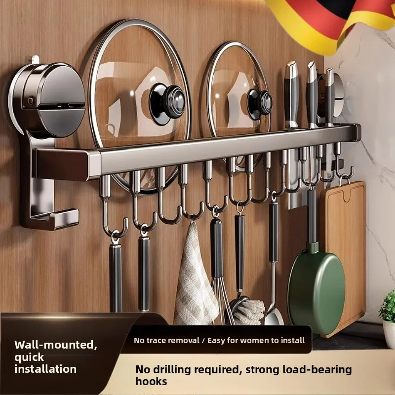 Kitchen Hook Rod Rack Multi-Function Suction Cup Storage Holder for Spoons Shovels Knives Pots Covers No Drilling Required