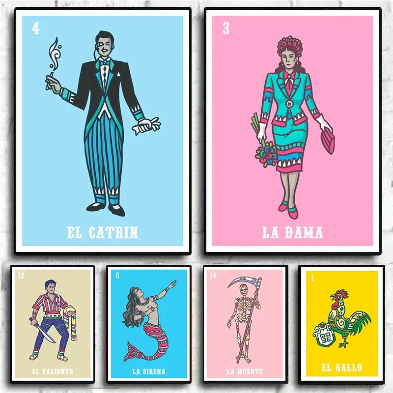 Cartoon La Muerte La Dama Mexican Bingo Cards Poster Print Canvas Painting Funny Wall Art for Living Room Home Decoration