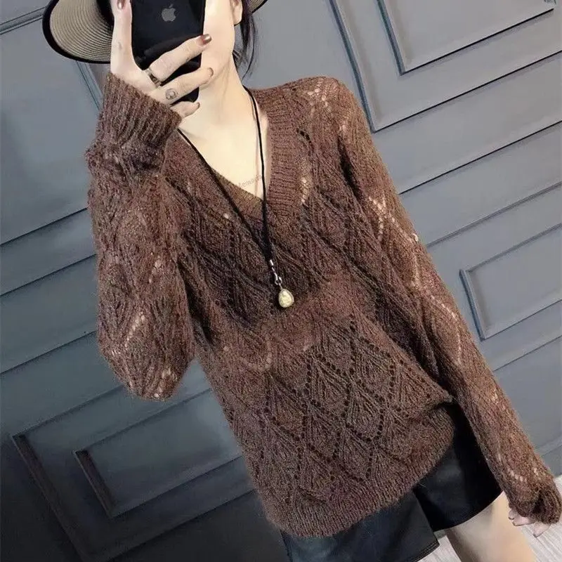 

Fashion V-Neck Loose Knitted Hollow Out Female Blouses Clothing 2023 Autumn Winter New Oversized All-match Tops Casual Shirts