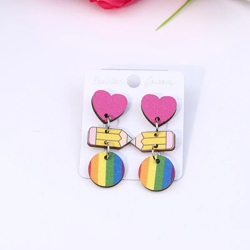 2023 New Wood Printing Pencil Stripe Heart Stud Earrings Fashion Contrasting Color Personality Ear Jewelry for Women