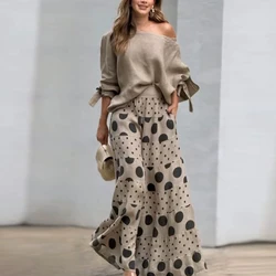 Women Fashion Polka Dot Print Office Set Fall Long Sleeve 2pcs Loose Suit Spring One Shoulder Blouse Top&Wide Leg Pants Outfits