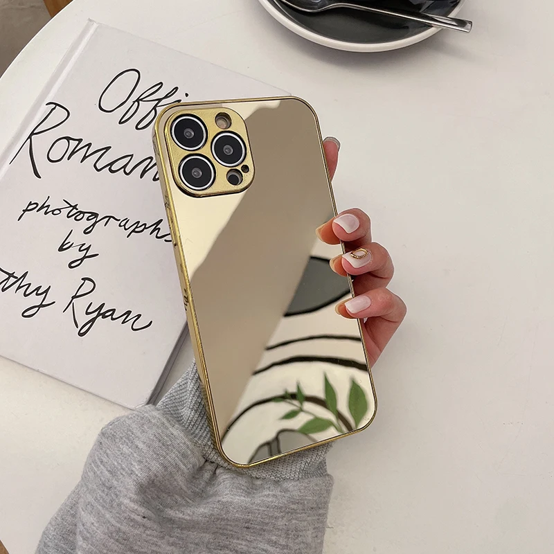 Luxury Solid Color Plating Mirror Shockproof Phone Case For IPhone 15 Pro Max 13 12 11 14 Pro Max Plus Makeup Mirror Back Cover