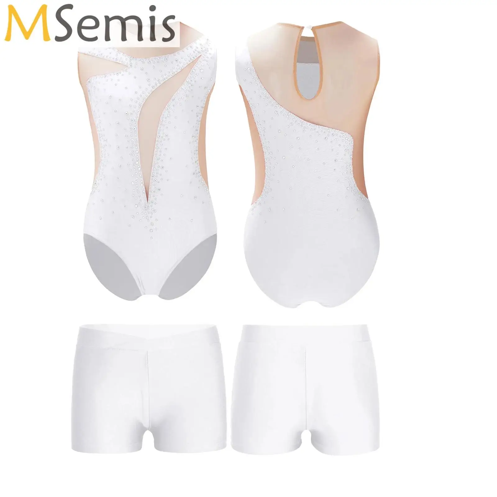 

Kids Girls Figure Skating Dance Gymnastics Leotards Bodysuit Sleeveless Mesh Ballet Dance Set Workout Unitard with Shorts Outfit