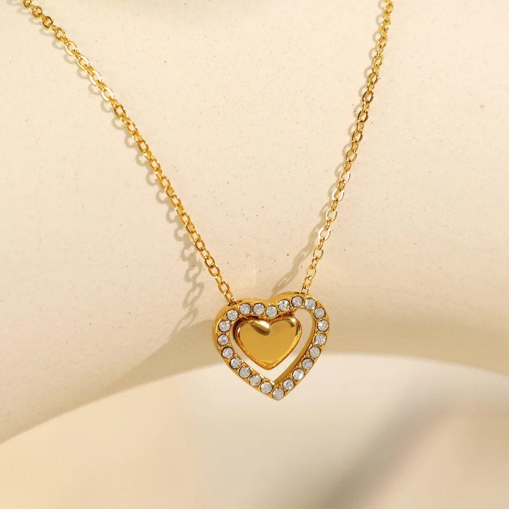 

Keen-on Valentine's Day Rhinestone Zirconia Double Heart Necklace Pendant Stainless Steel Golden Exquisite Jewelry