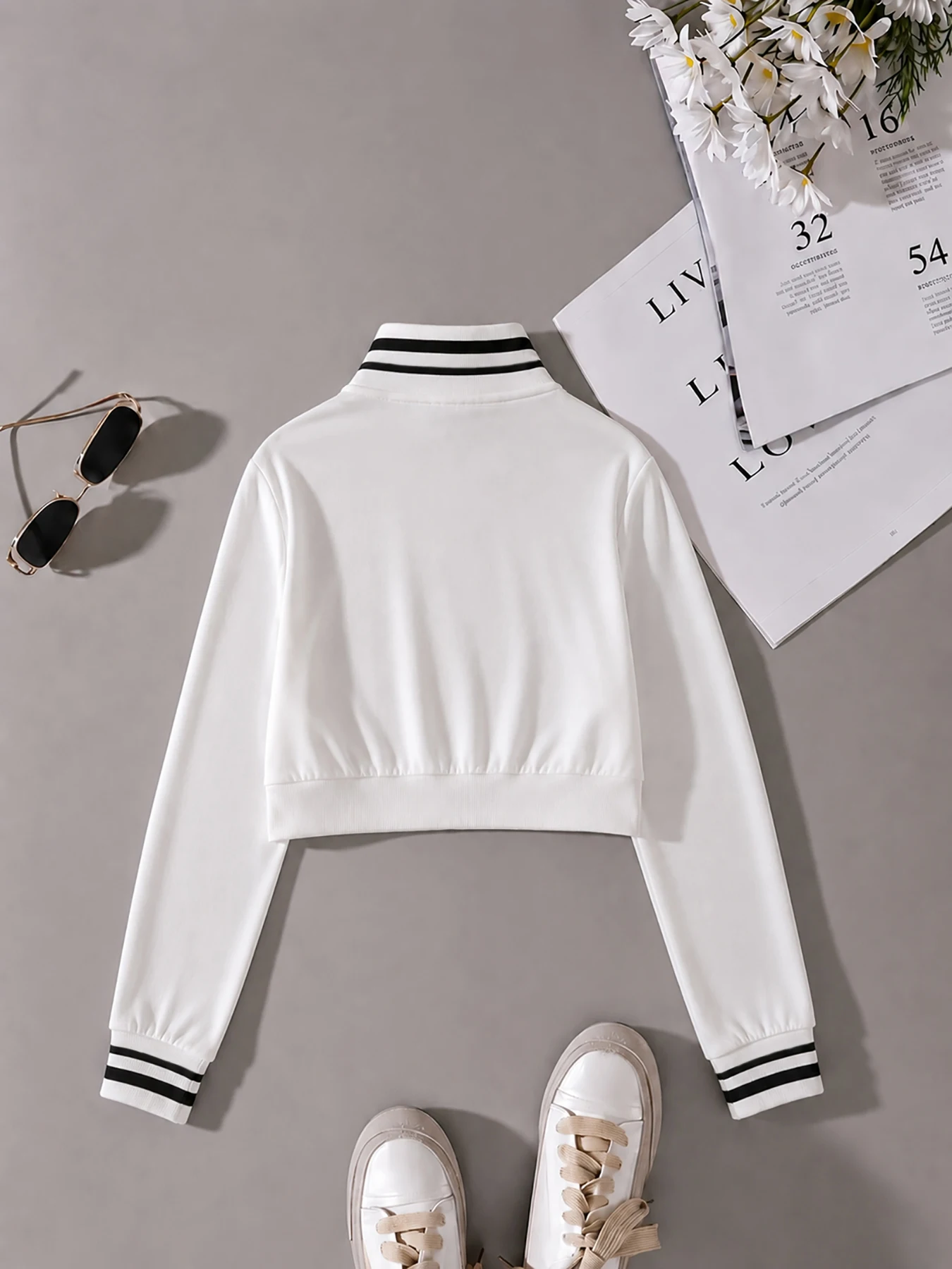 Women's Striped Color-Block Zip-Up Mock-Neck Baseball Jacket – Casual Sporty Outerwear