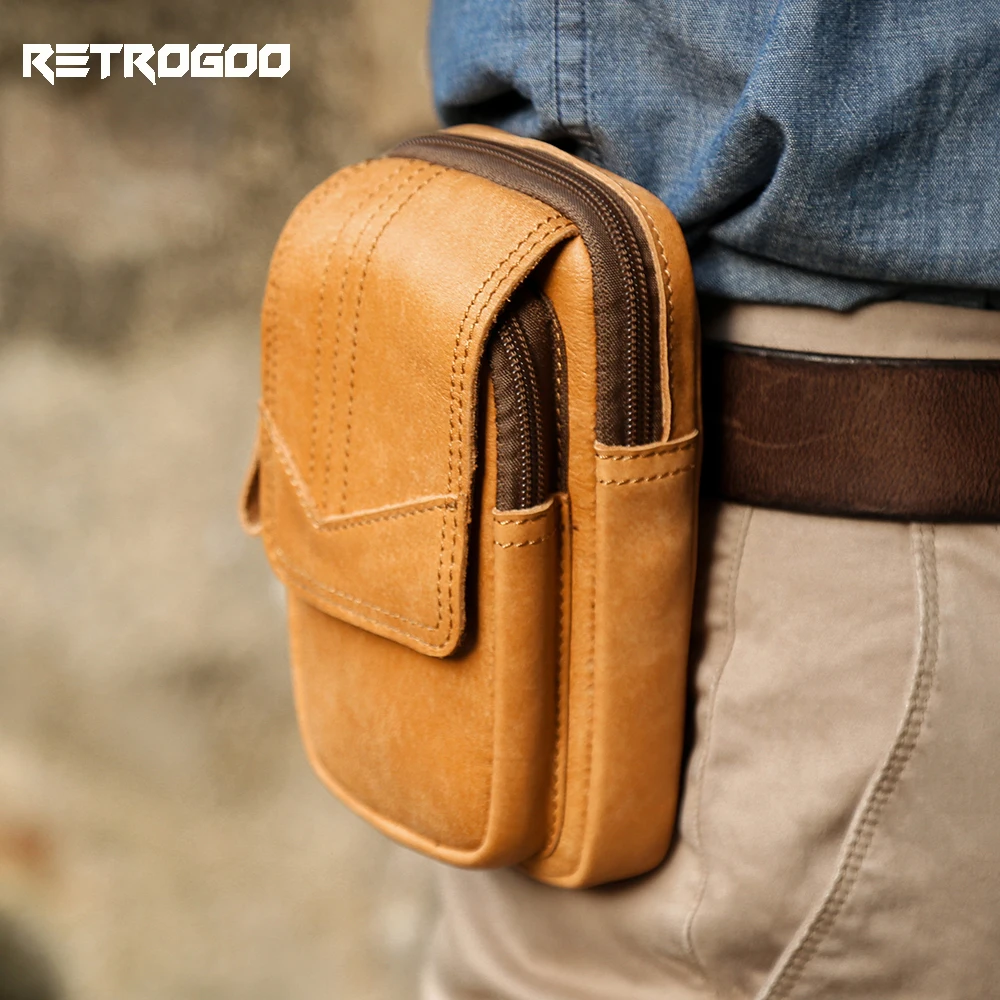 

RETROGOO Waist Bag For Men Top Quality Cow Genuine Leather Handmade Fashion Vintage Design Cowhide Cowboy Outdoor Waist Packs