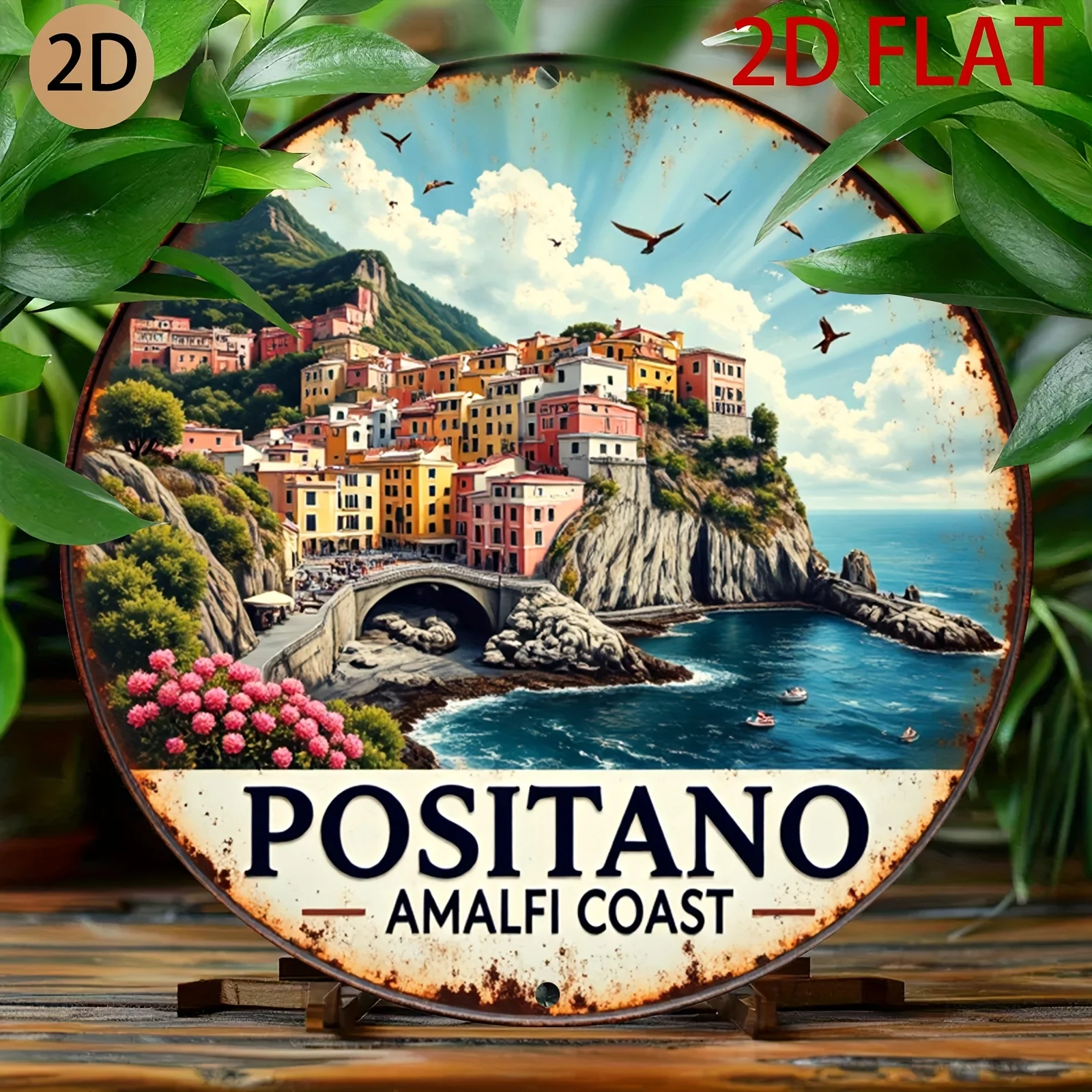 2D Flat - A Round Metal Coastal Art Sign Depicting Positano on The Amalfi Coast, Designed in a Vintage Style, Perfect for Home D