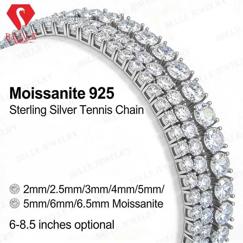 

Браслет-тенниска из муассанита, серебро 925 пробы, круглые камни 2-6,5 мм, идеальный подарок, изысканные ювелирные украшения унисекс для повседневной носки, 6-8,5 дюймов