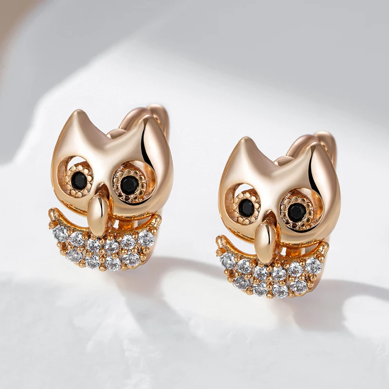 Kinel New 585 Rose Gold Color Owl Earrings For Girl Fashion Natural Zircon Accessories Child Gifts High Quality Daily Jewelry