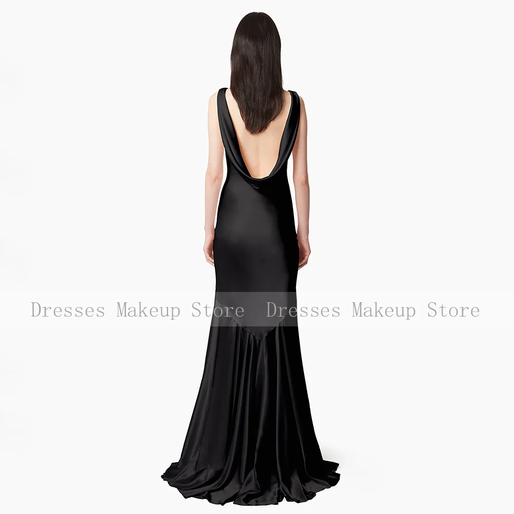 Mermaid Evening Dress Black Satin Backless Boat Neck Trumpet Women's Evening Gowns Long Sleeveless Sleeveless Formal Party Dress