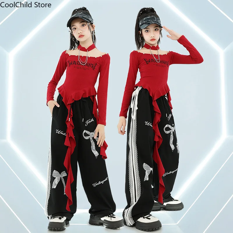 Girls K-pop Irregular Crop Top Street Dance Loose Pants Girl Group Clothes Set Kid Jazz Cute Costume Children Hip Hop Streetwear